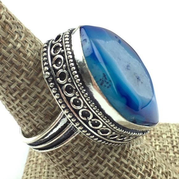 New Blue Solar Quartz Crystal Stone Silver Overlay Ring Size 7 - Picture 5 of 12